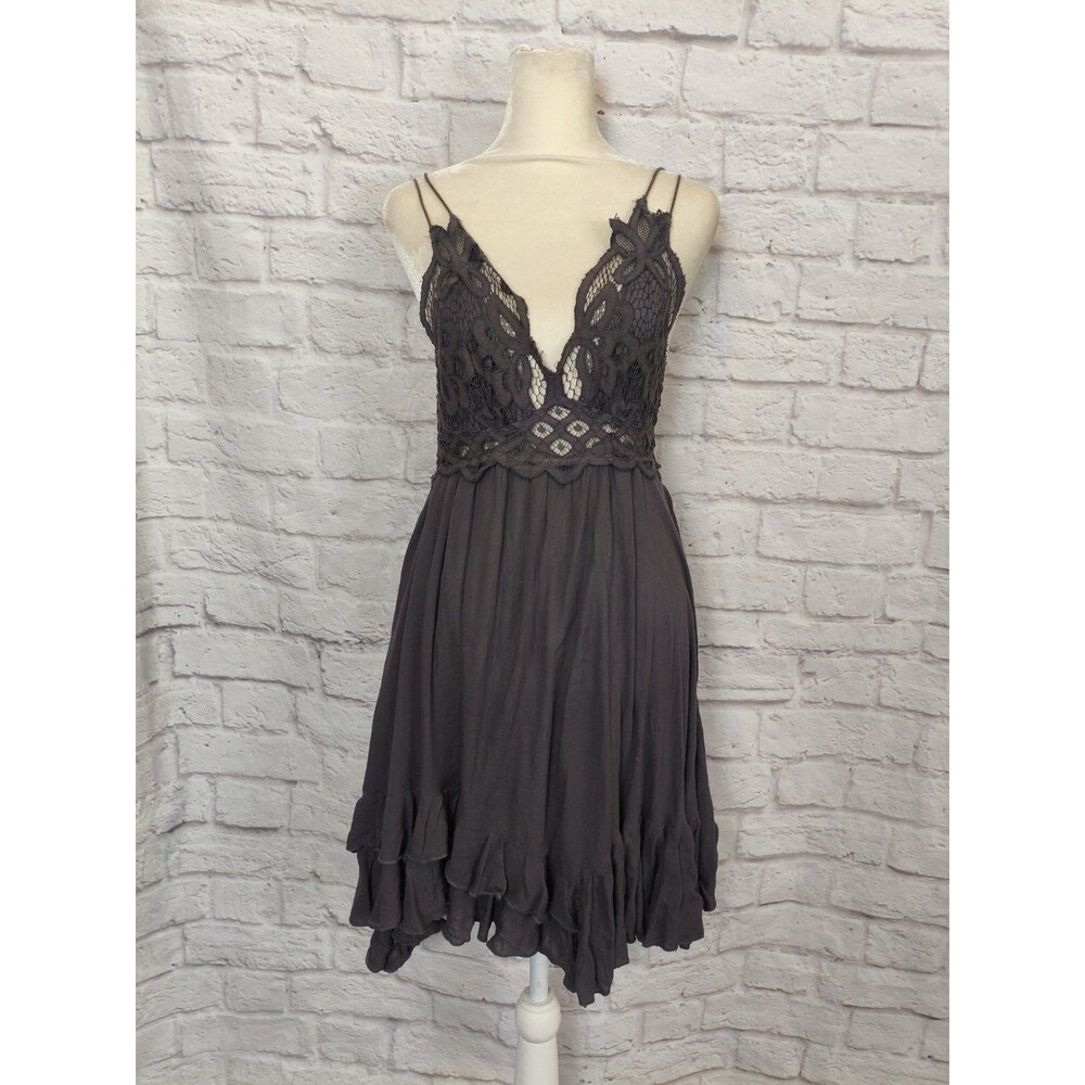 Free‎ People Womens Dark Grey Adella Slip Dress Frilled Chemise Fairy Size Small
